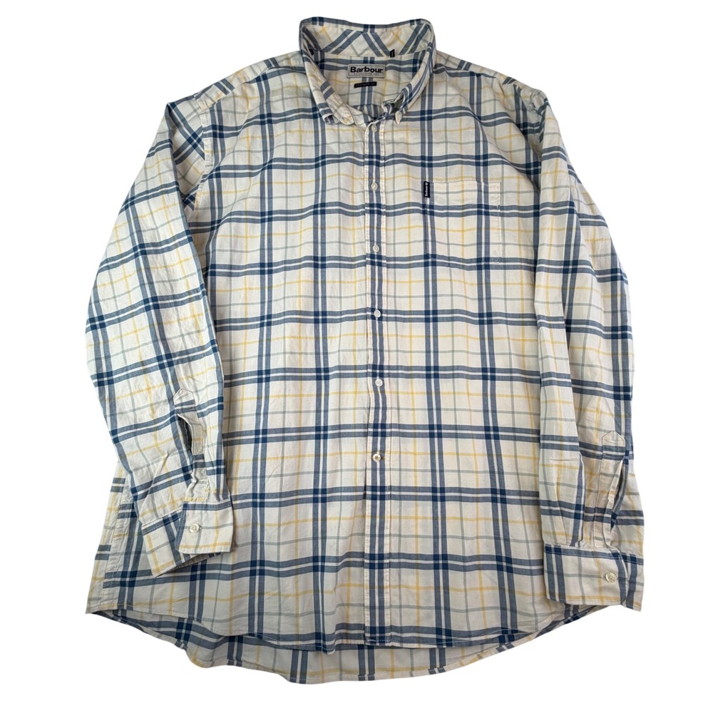 Barbour Madras‎ 4 Tailored Fit Button Down Shirt Plaid Cotton Blue Yellow XXL